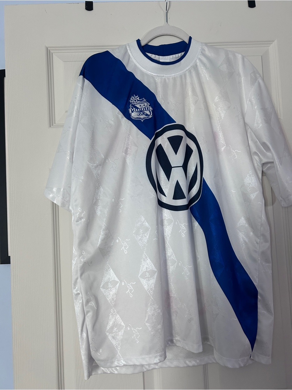 Kids White & Blue Soccer Jersey with VW Logo